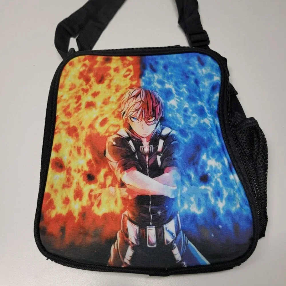 Anime Backpack Lunch Box Pencil Case Set Bag Strap 16 Inch Tall‎ Fire Ice Hero
